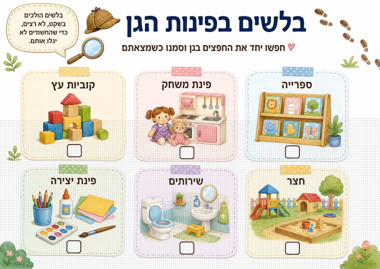 דוגמה צבעונית למשחק בלשים בפינות הגן
